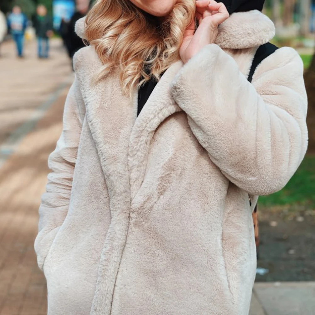 Women Winter High Quality Loose Lapel Thickened Warm Long Artificial Rabbit Fur Coat Long Sleeve  Large Size Ladies Plush Coat