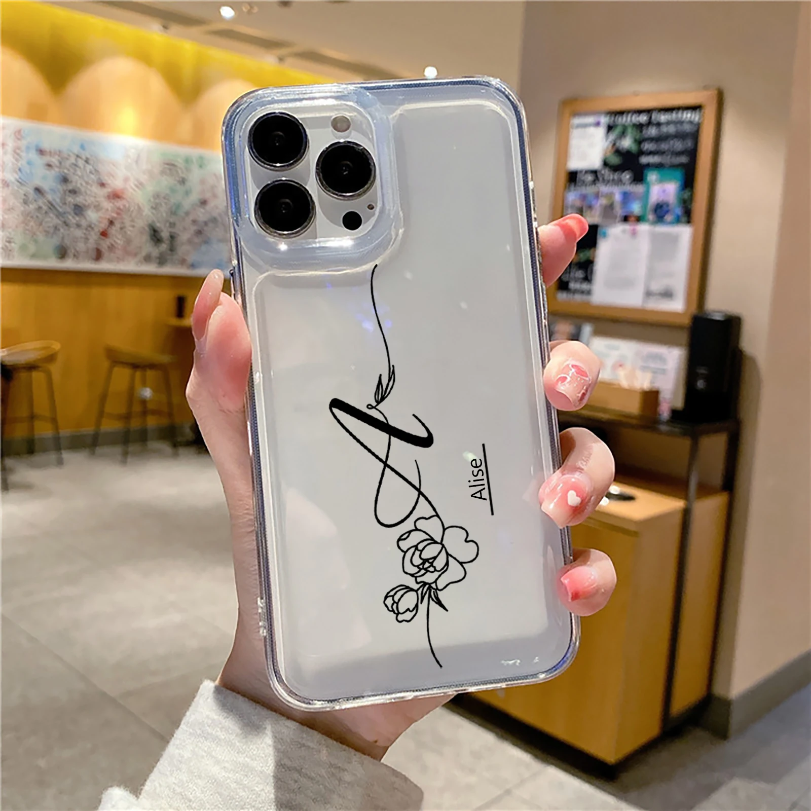 Elegant Black Phone Cover with Personalized Rose Initial Design, Shockproof TPU Case