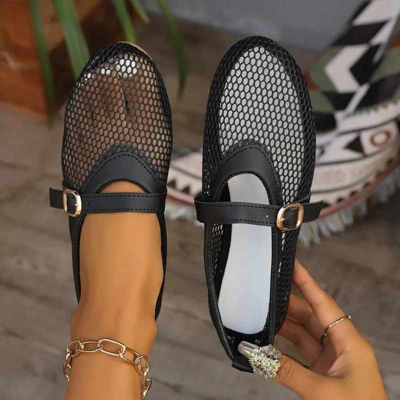 

Female Shoes 2024 Summer Black Mesh Hollow Women's Sandals New Metal Pin Buckle Design Casual Flats Shoes Zapatos Mujer