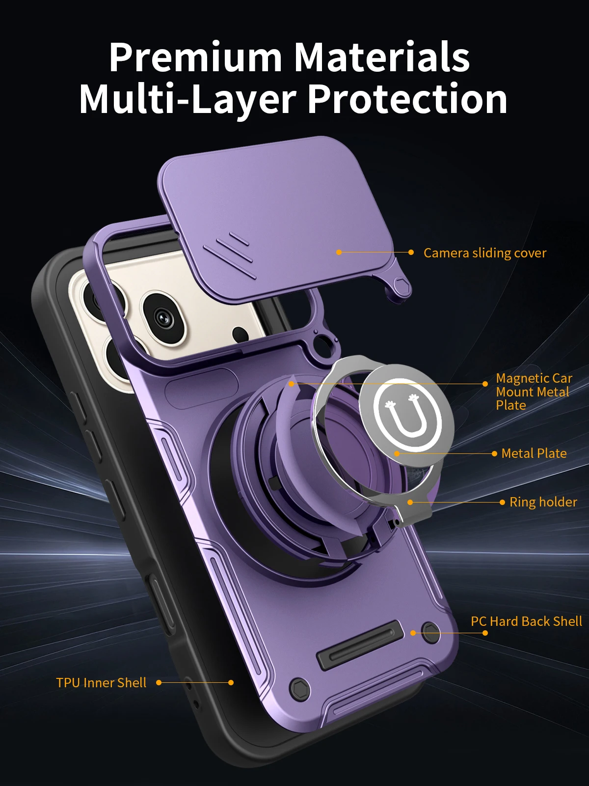 Magnetic 360° Ring Holder with Slide Camera Phone Case - Shockproof Stand Cover