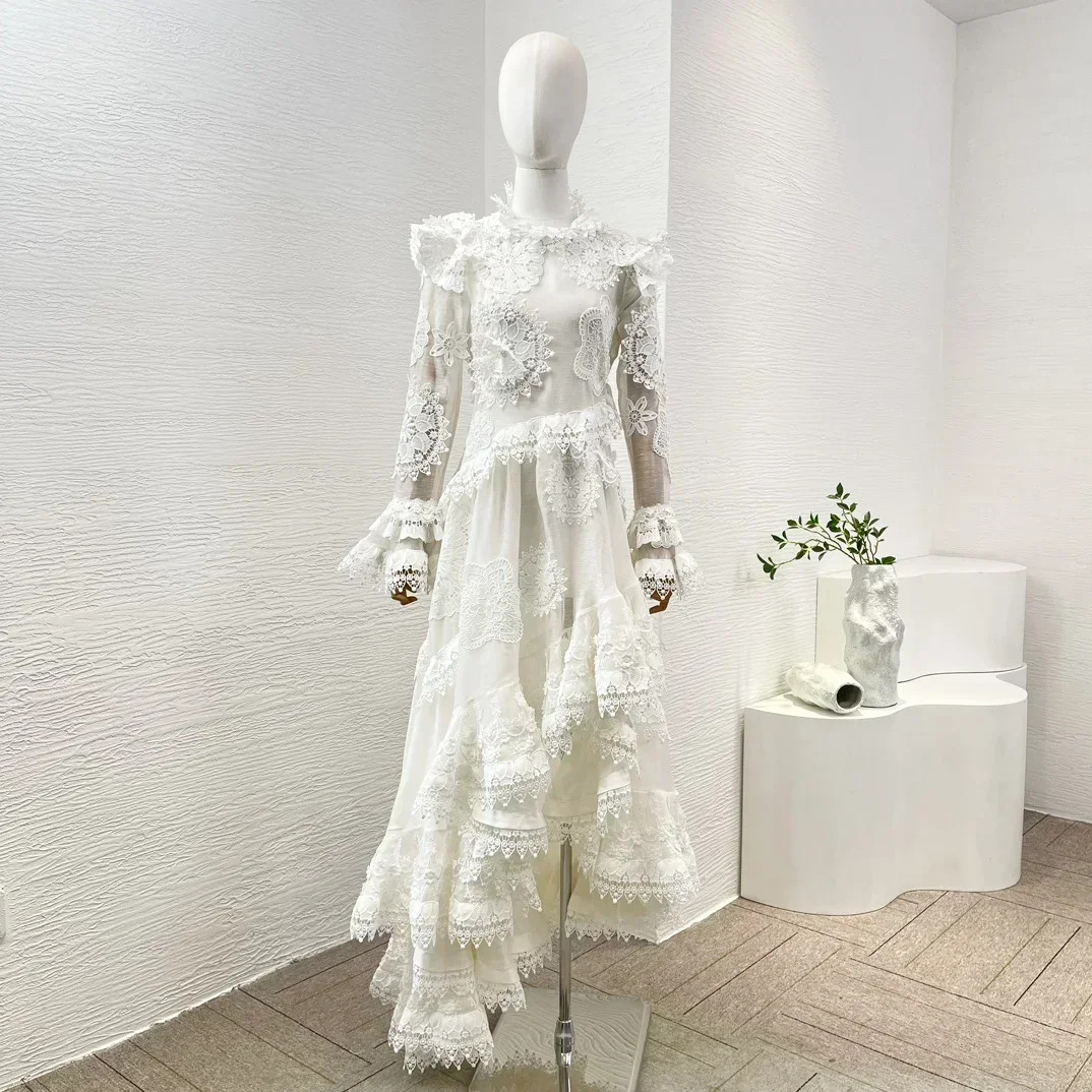 

2024 New Linen Silk White Waterfall Ruffle Lace Patchwork Flowers Embroidery Irregular Maxi Dress Women Fashion Clothing