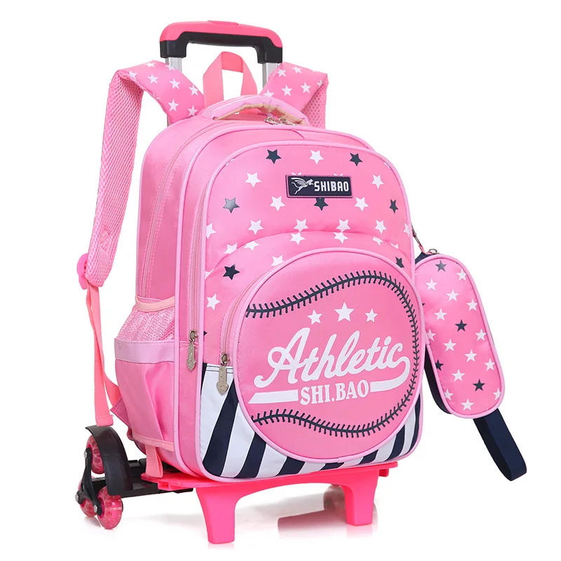 Wholesale waterproof children's three-wheel trolley school bag with pencil case and girls grades hand pull detachable backpack