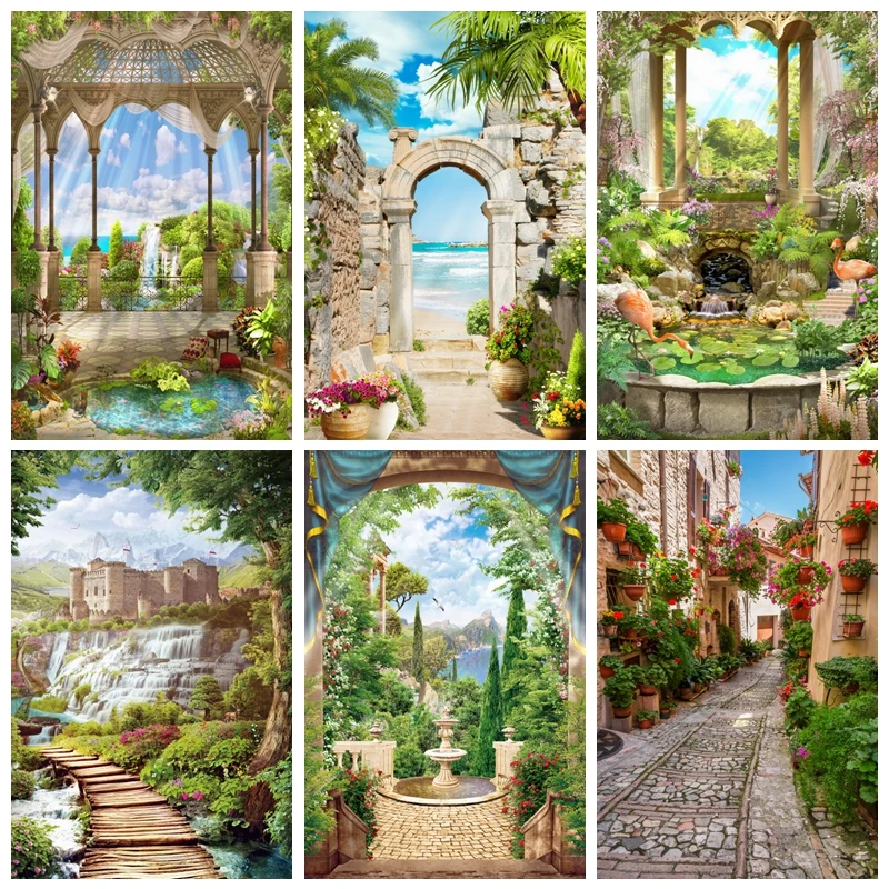 

European Landscape Photography Backdrop Sea Mountain Castle Baby Portrait Photographic Background Room Decor Photo Studio Props