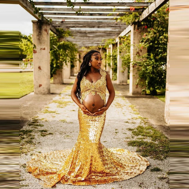 Luxury Gold Lace Appliques Aso Ebi Maternity Dress Shiny Sequins Round  Train Long Mermaid Pregnancy Dresses To Photo Shoot - AliExpress