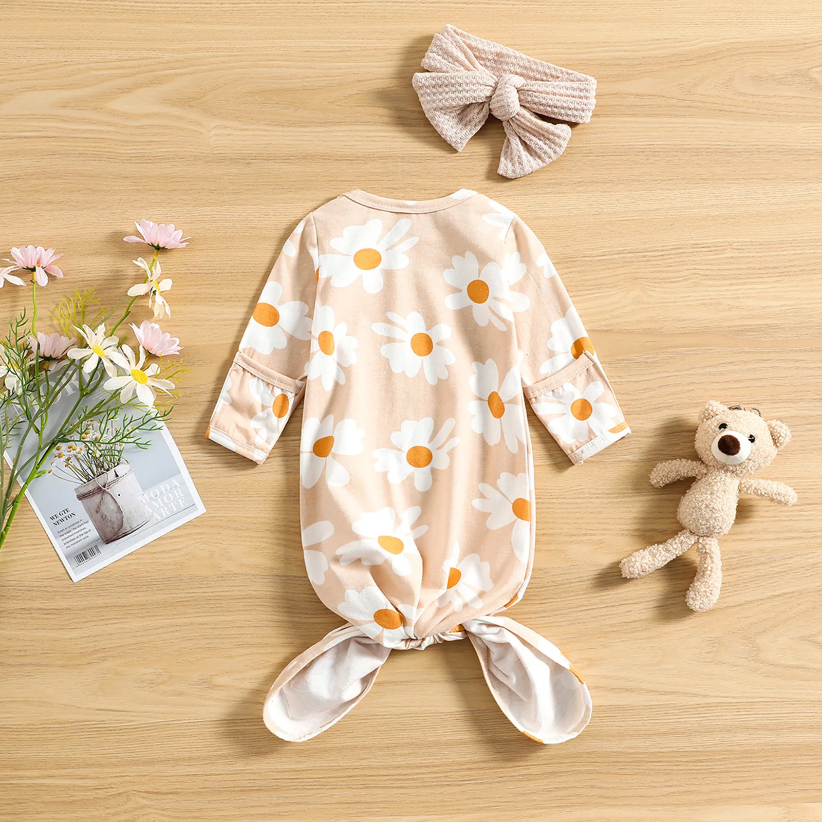 Newborn Baby Girl Sleep Sack Sets, Long Sleeve Flower Printed O-Neck Sleeping Pocket + Cute Headband Suits Sleeping Bags