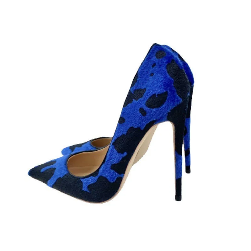 Blue Black Graffiti Suede Stiletto High Heels Shoes