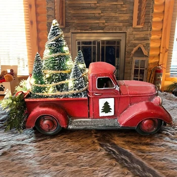 Red Christmas Truck, Little Red Truck Christmas Decor With Christmas Trees And LED String Lights