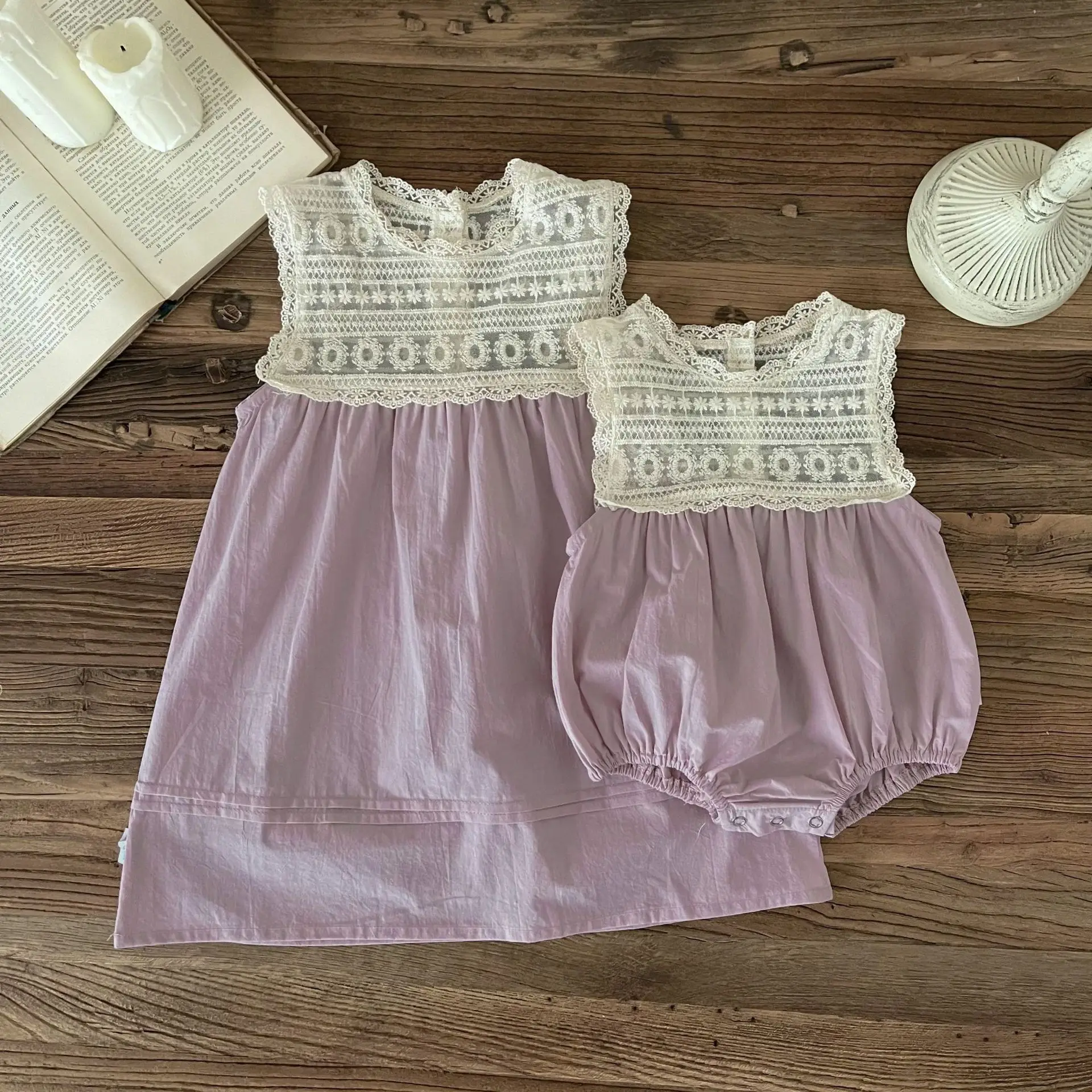 

2023 Summer Sweet Infant Baby Girls Lace Embroidery Flower Bodysuit Cotton Toddler Splicing Sleeveless Vest Girls Princess Dress