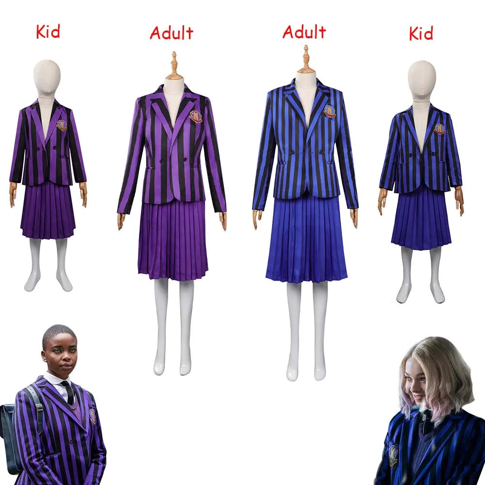 

Wednesday Enid Sinclair Cosplay Costume Blue Purple School Uniform Backpack Wig Outfits Halloween Carnival Part