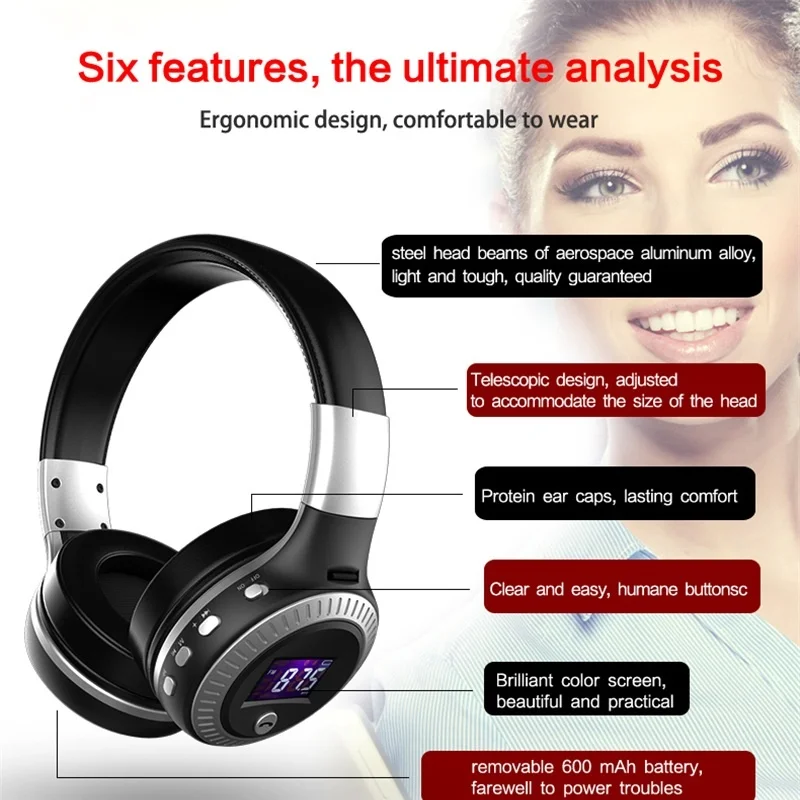 Bluetooth 5.3 Headphones with mic LED Digital Screen Bass Headsets Wireless Earphones with TF/FM Radio for Computer PC Laptop