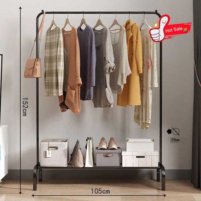 Garment Rack Floor Standing Clothes Hanger Double Pole Coat Rack Wardrobe Clothing Drying Rack Mobile Cloth Rail Home Furniture Black 105cm