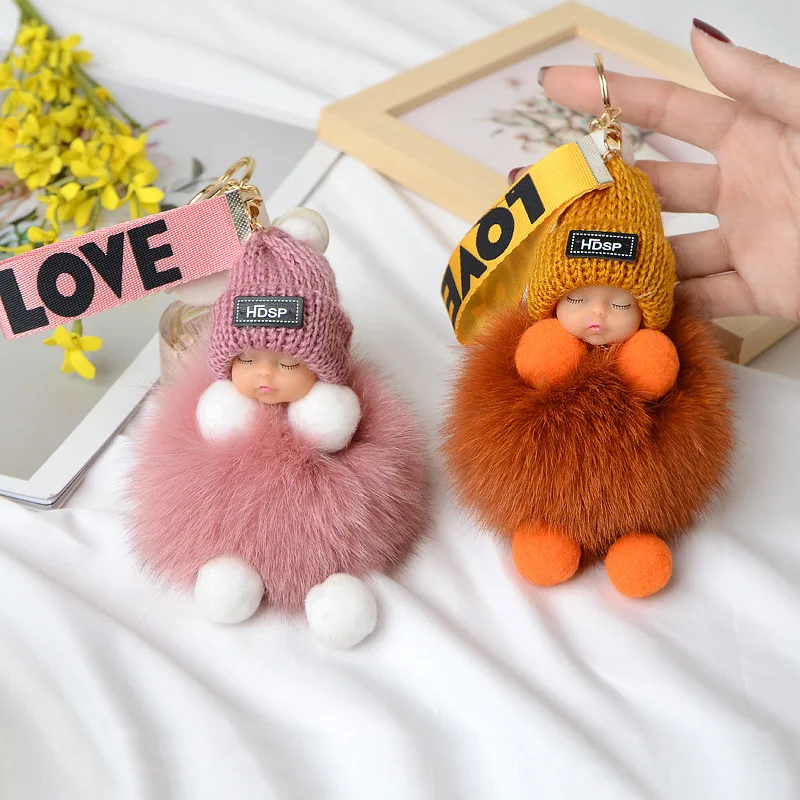 Cute Sleep Baby Pompom Keychain Real Fox Fur Pendant for Women Bag Car KeyRing Accessories Girl Gift Plush Doll Couple Key Chain