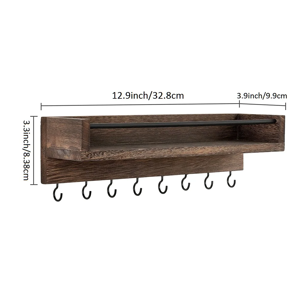 Rustic Wood Floating Shelf Wall Mounted for Entryway Decor Key Holder Rack with 8 Key Hooks For Hanging Keys Coats Dog Leashes 4