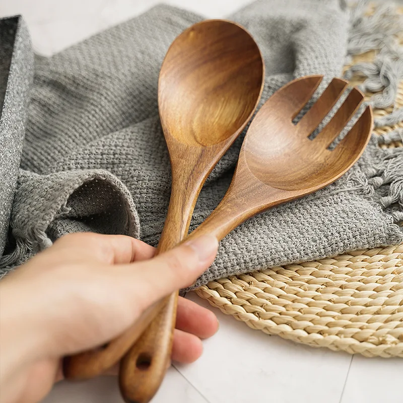 Japanese-style Wooden Cooking Spoon and Fork Set Log Wooden Spoon Fork Salad Pasta Cooking Utensils Suit