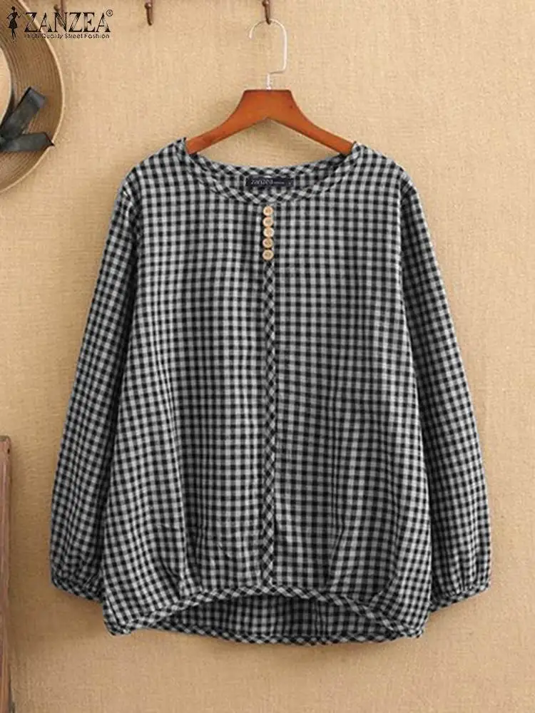 

ZANZEA Spring Casual Grid Printed Shirt Woman Long Sleeve O-Neck Blouse Female Fashion OL Work Tunic Tops Elegant Button Blusas