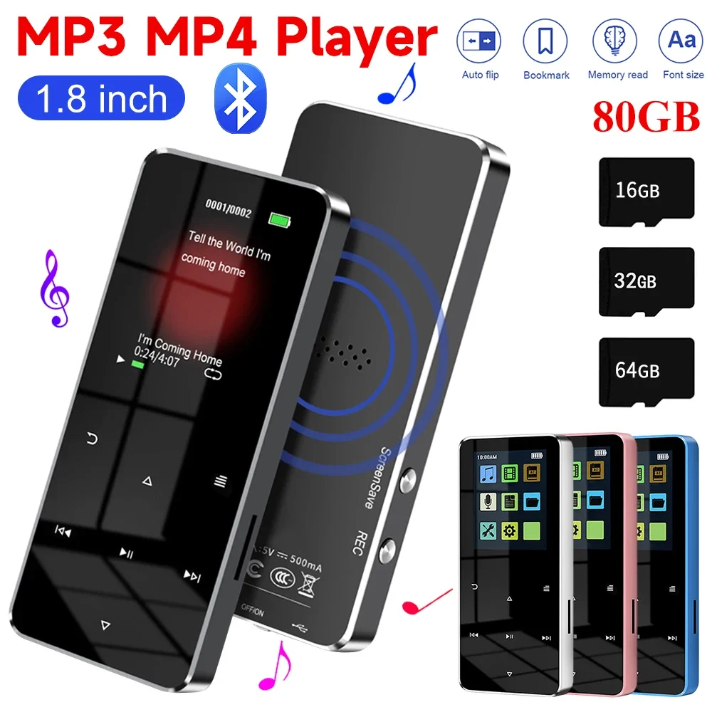 1.8 Inch TFT MP3 Player Touch Screen Bluetooth-compatible 5.0 Music Walkman USB 2.0 3.5mm Jack with E-book Recording for Student