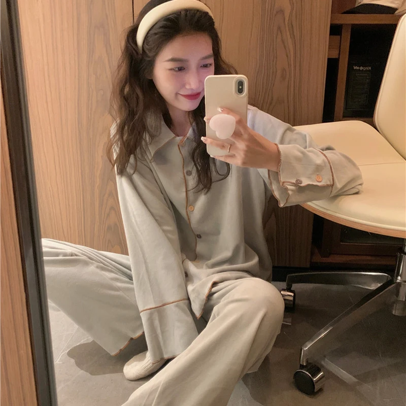 New Autumn Long Sleeve and Pants Women's Pajama Set Simple Mesh Design Can Be Worn Outside the Homewear Comfortable and Soft