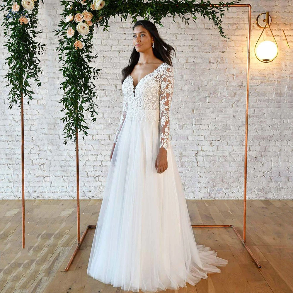 LAYOUT NICEB Vintage Long Sleeves Wedding Dresses V Neck Lace Appliques Backless Modern Beach Wedding Bridal Gown wedding gown