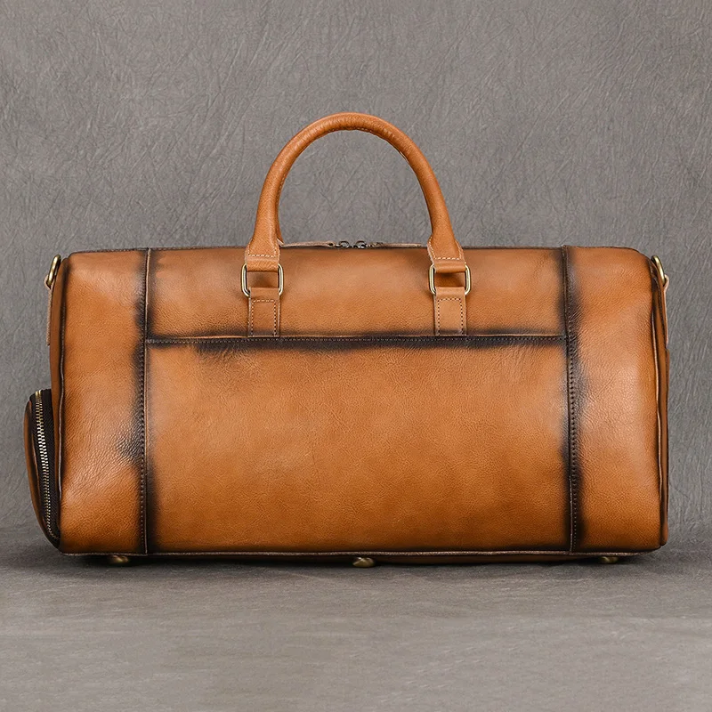 Luufan Men Genuine Leather Travel Bag With Shoes Pocket Retro Real Leather Travel Bag Vegetable Duffel Large Capacity Tote