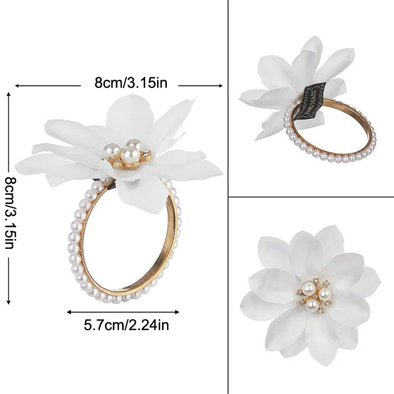 Peçete halkaları 6'lı paket çiçek peçete tutucular beyaz çiçek boncuklar peçete halkaları düğün yemeği masa dekorasyonu ziyafet için