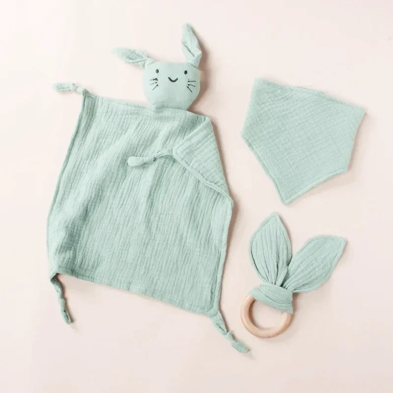 3pcs Set Cotton Muslin Baby Bib Stuffed Rabbit Doll Newborn Appease Towel Security Blanket Baby Sleeping Cuddling Towel Teether