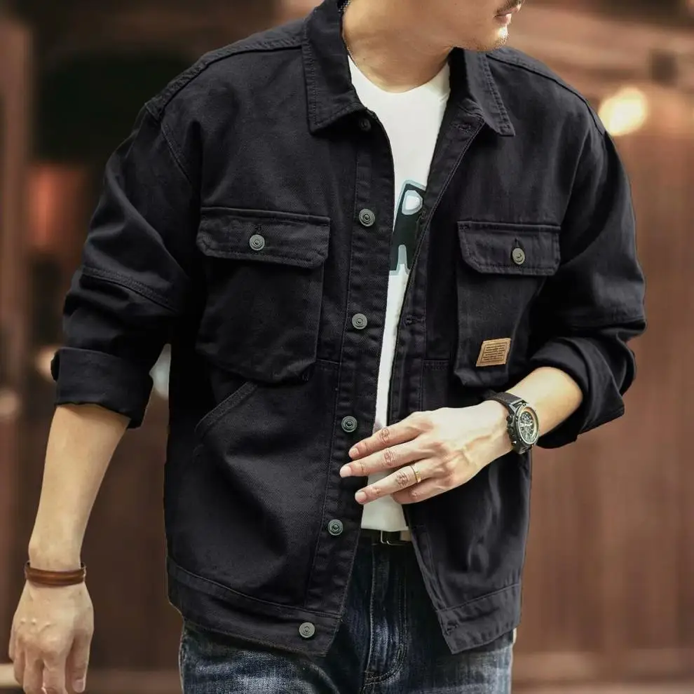 Denim Cargo Jacket - Plus Size Men's Oversize Casual Coat With Turn-Down Collar