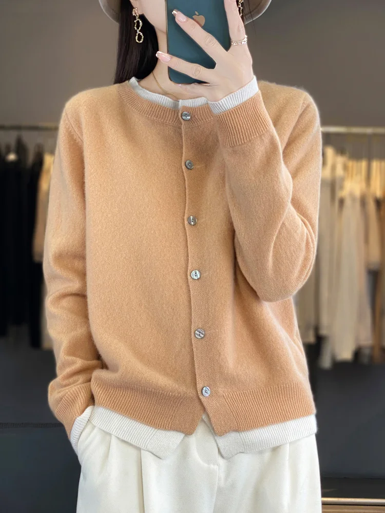 CHICUU Women O-neck Wool Cardigan Spring Autumn Basic Solid Multicolor Cashmere Sweater 100% Merino Wool Knitwear New Fashion