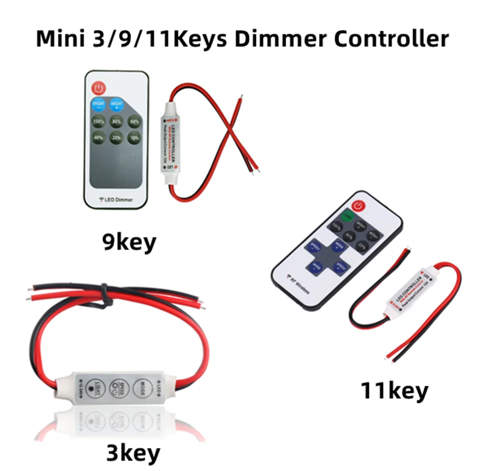 LED Controller LED Strip Controller Mini 9/11Keys Dimmer Controller Two Wire RF Remote for Single Color Neon Tube and COB 2835 5050 5730 Led Strip Light DC5-24V