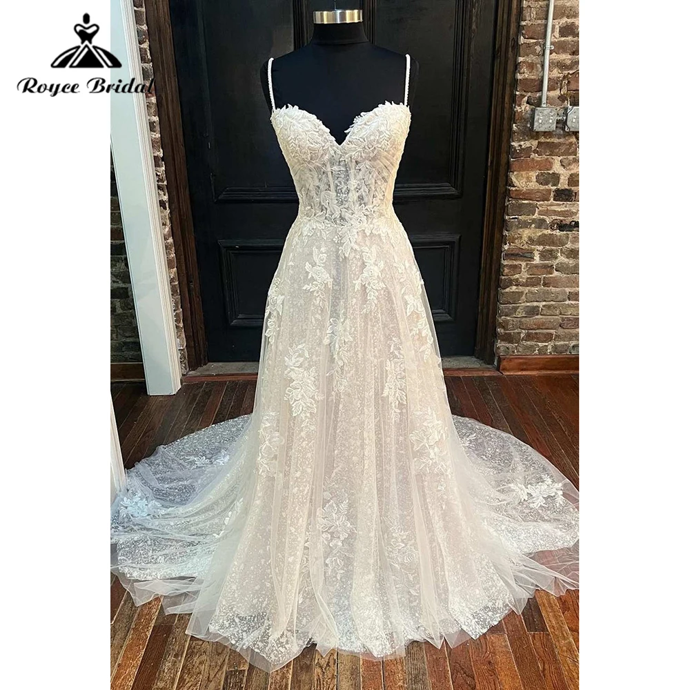 Long A-line Sweetheart Tulle Lace Spaghetti Straps Wedding Dress