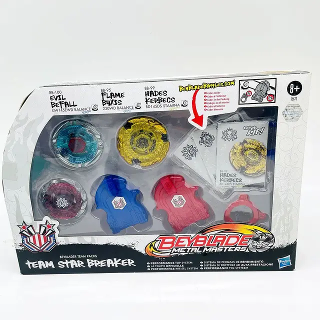정품 베이블레이드 메탈 마스터 팀 스타 브레이커 세트로 추억을 되살리세요! 정품 베이블레이드 메탈 마스터 팀 스타 브레이커 세트로 추억을 되살리세요!