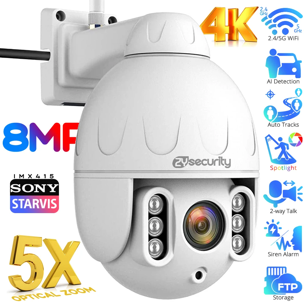8MP 5X Optical Zoom WiFi PTZ Camera Outdoor 4K Sony IMX415 Auto Tracking IP Camera Spotlight Color Night Vision CCTV Cameras 8mp ptz 4k ip camera 20x optical zoom color night poe imx415 security cctv surveillance camera hikvision agreement
