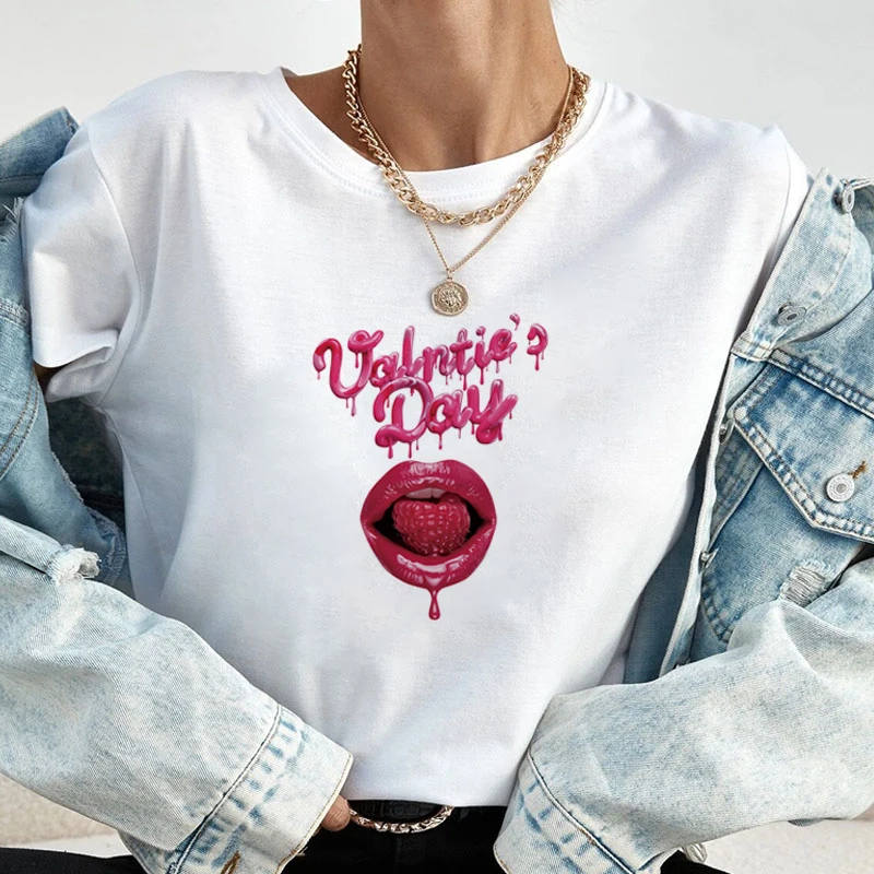 

Sexy Lips Women Print Clothes Watercolor New Lovely Female Tops Tee Tshirt Fashion Print Cartoon O-Neck Ladies Graphic T-Shirt