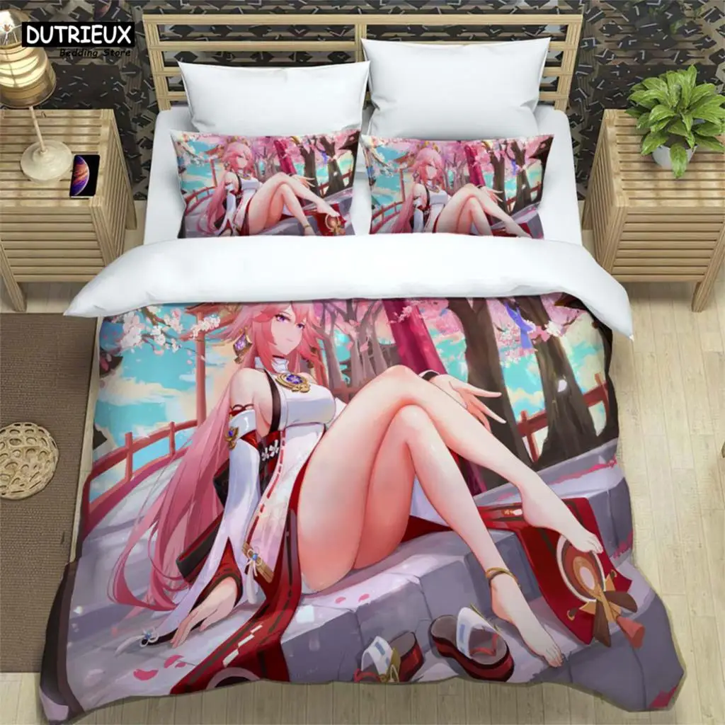 

Genshin Impact Digital Printed Polyester Bedding Set, For Boys And Girls Three Piece Comfortable Soft Couple Gift Bedding Set