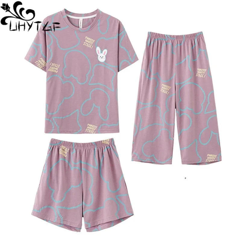 

Летняя Пижама UHYTGF 2022 из 3 предметов для женщин, удобная хлопковая короткая одежда для сна, Женская домашняя одежда, Милая Ночная рубашка для девочек 2461