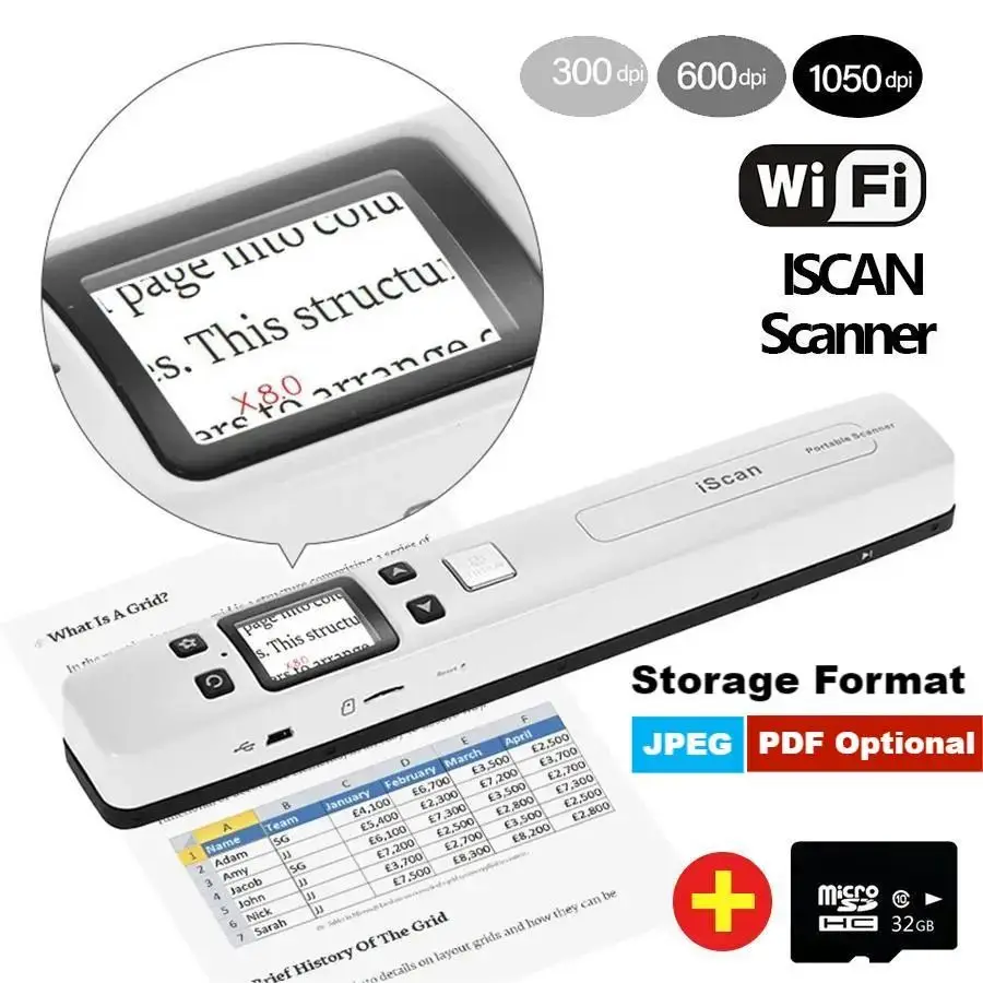 Document Scanner WIFI Scanner IScan A4 HD Color LCD Screen With SD Card 16G 32G 1050 DPI CIS Scanning Document Photo Image Storage Format JPG/PDF