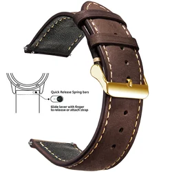 Vintage Quick Release Genuine Leather Watch Band - Men & Women Top Grain Strap - 22mm (Dark Brown 3)