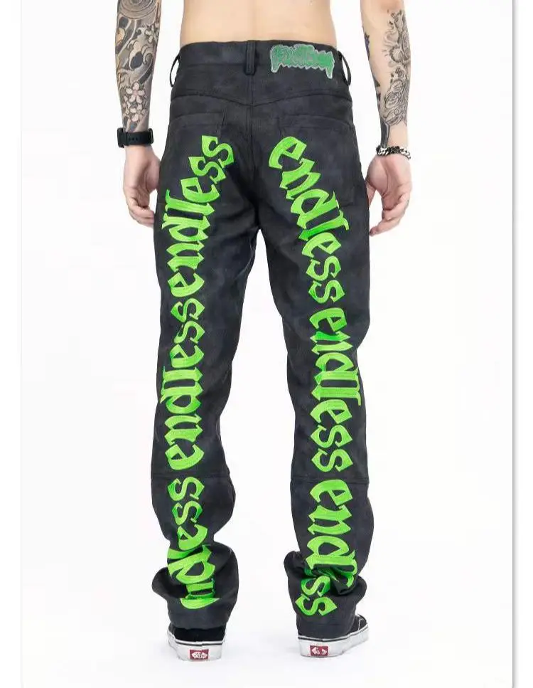 

Letter Embroidered High Street Dark Biker Leather Trousers Men Women
