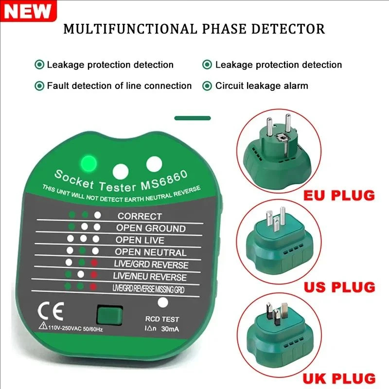 New Socket Tester Ground Zero Line Plug Pro Voltage 30mA RCD Leakage Test US UK EU Plug Smart Detector Polarity Phase Check Tool