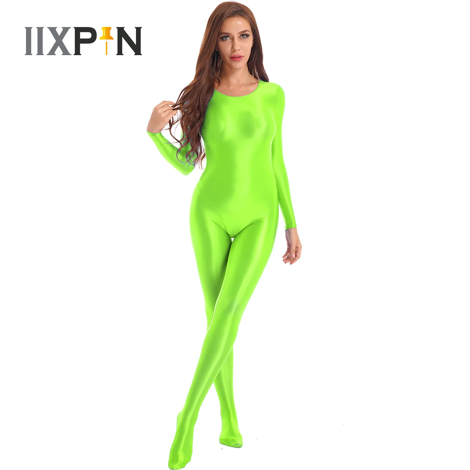 Glossy Sexy Bodystocking Unitard Women Long Sleeve Body Suits One-piece Swimsuit Shiny Tights Sport Bodysuit Ladies Clubwear cosplay costume adult unitard latex lingerie sexy fetish wear
