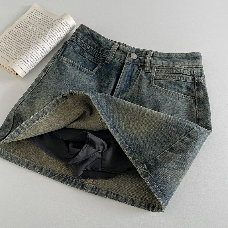 2024 New Retro Dark A Word Denim Short Skirt High Wiast Denim Mini Skirt Women Sexy Tight Bag Hip Skirts Korean Fashion Clothing