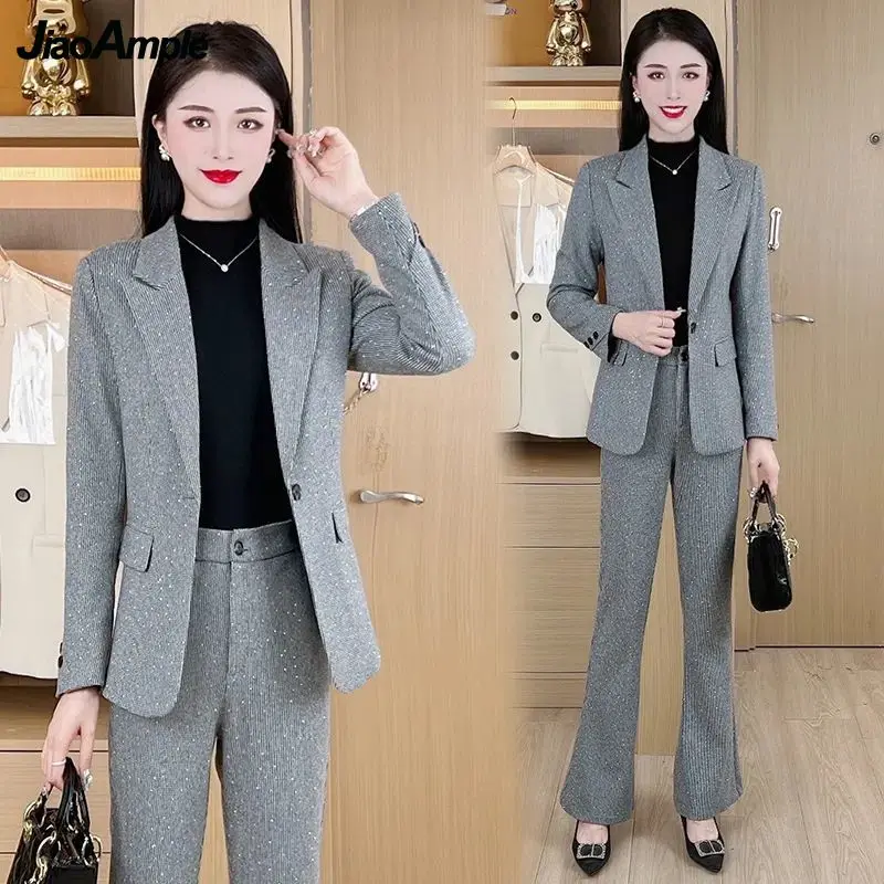 Women's Autumn Fashion Business Suit Coat Top+Micro Flare Pants Two Piece 2024 New Korean Elegant Casual Blazers Trousers Set