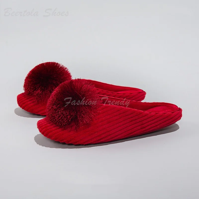 Women Light Blue Cotton Home Slippers Winter Fur Embroidered Brown Flat Sandals Red Badminton Casual Slingback Round Indoor Shoe