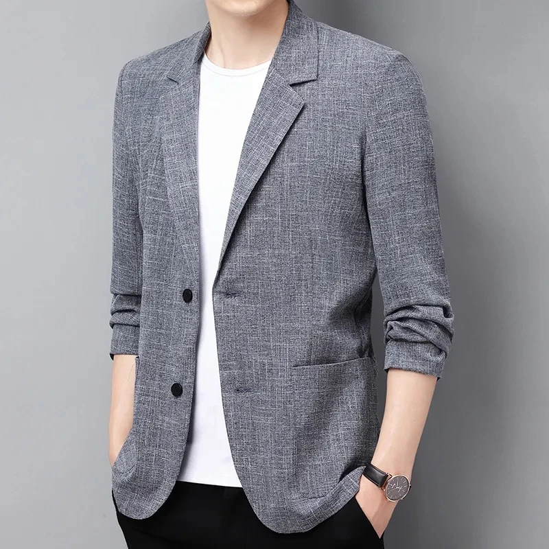

Cotton Linen Suit Jacket Men Spring Summer Thin style Blazers Tops Black Long Sleeve Loose Business Casual Gray Blazers Coat Man