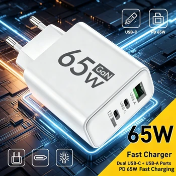 Caricatore USB Type-C da 65W a ricarica rapida con spina US/EU, USB PD Quick Charge 3.0, adattatore da parete per viaggi, per iPhone e Samsung