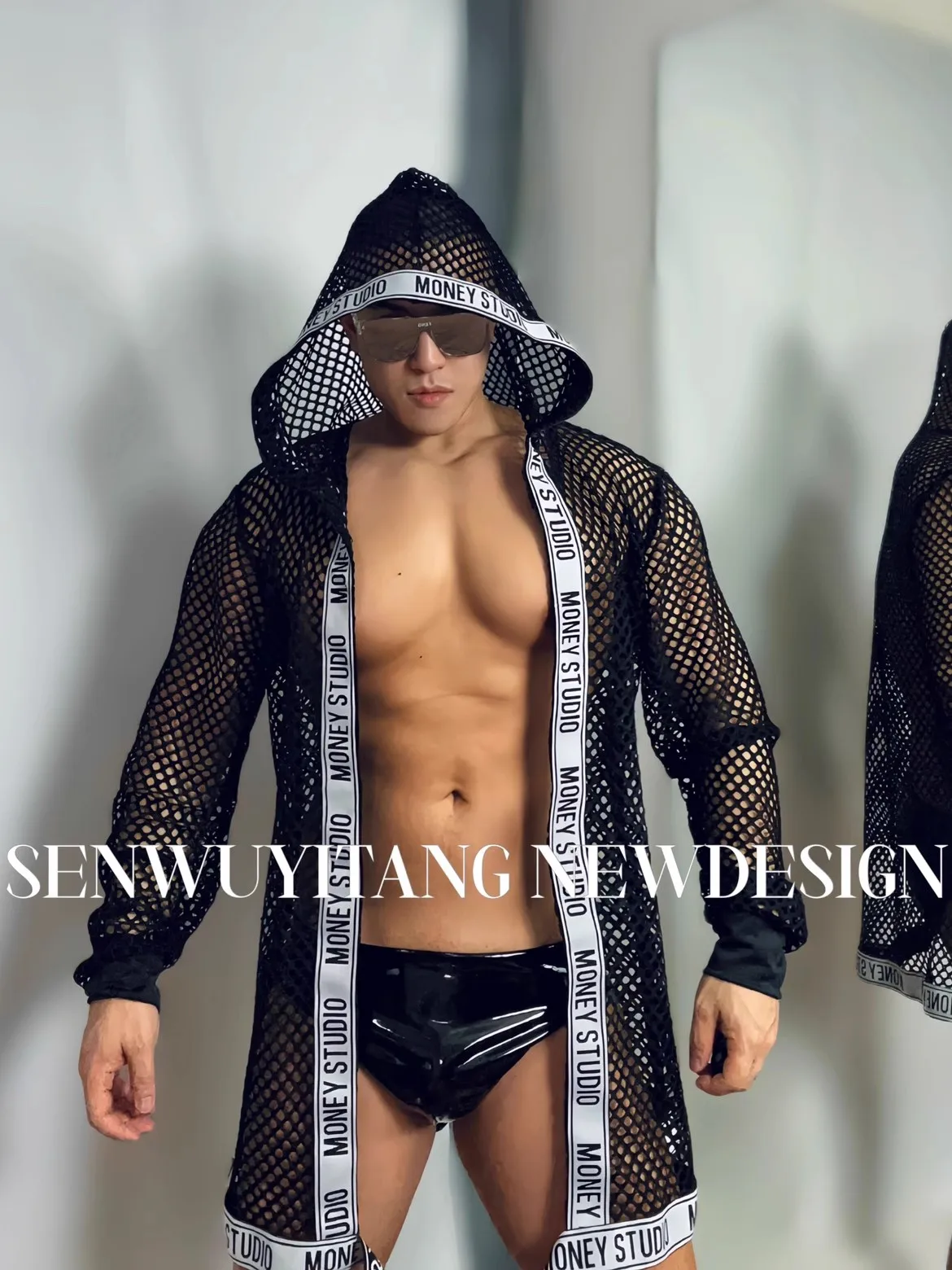 

Long Coat Black Mesh Hollow Sexy Hooded Letter Jacket New Gogo DJ Clothing Nightclub Atmosphere Leading Dance Singer Stage Wear