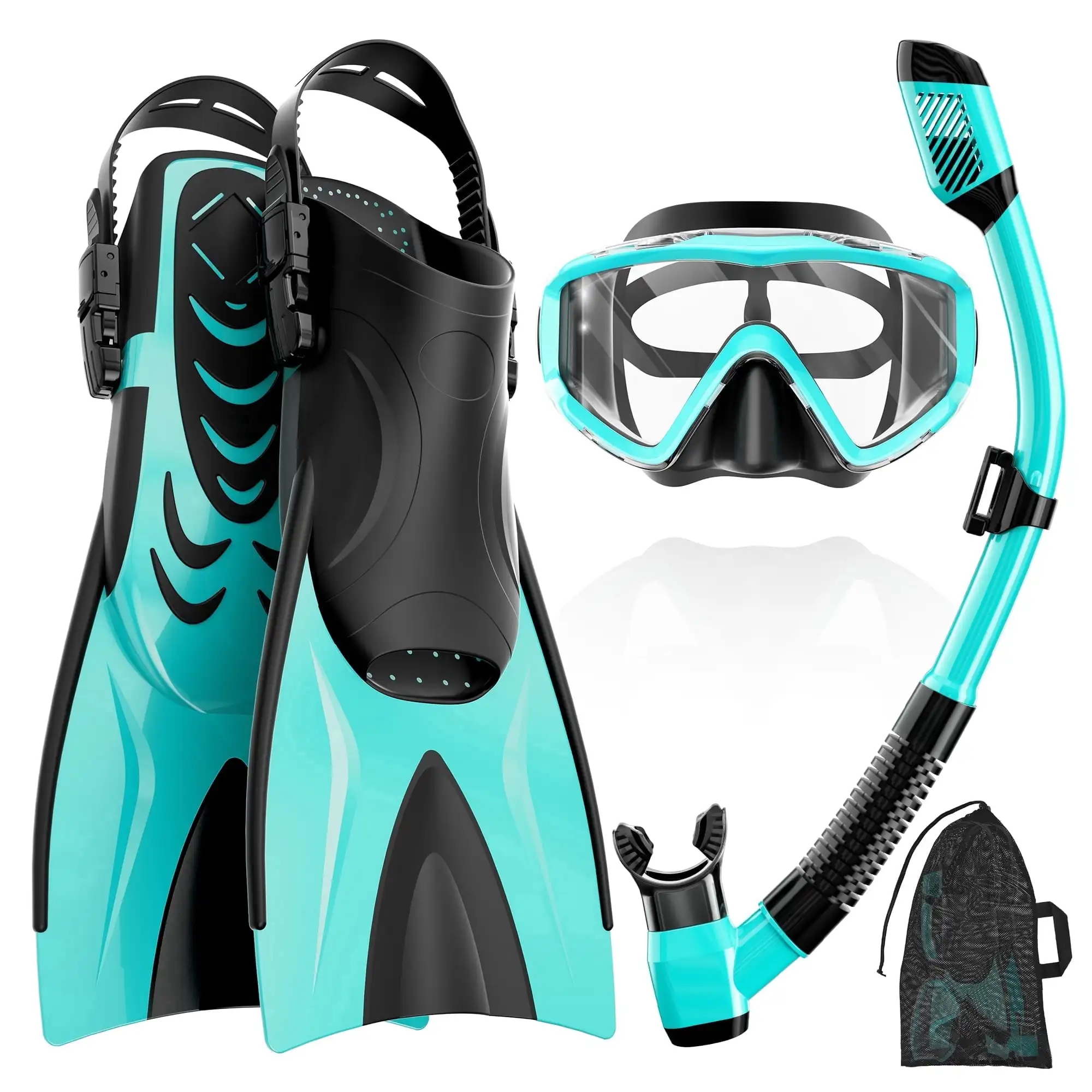 20305-280be1.jpg 4-in-1 Adult Snorkel Set, Panoramic Anti-Fog Mask + Dry Top Snorkel + Adjustable Fins with Travel Bag for Diving Swimming