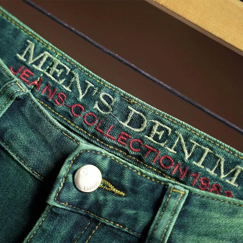2024Summer emerald green jeans men's fashion simple high-end all-match stretch slim fit trendy casual nostalgic classic trousers