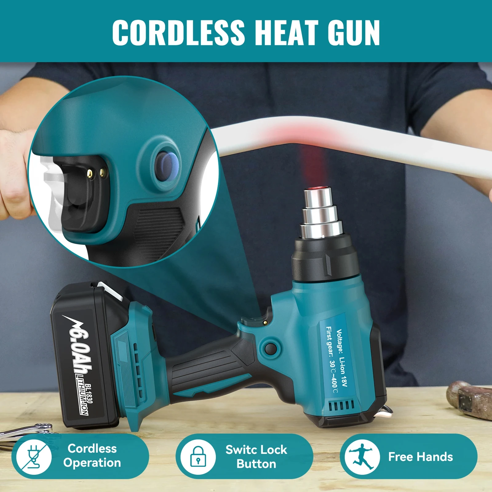 Hot air gun Heat gun Mini hot air gun Cordless Heat gun For Makita 18V Battery Wireless Battery 350W 122℉-990℉ Adjustable Powered