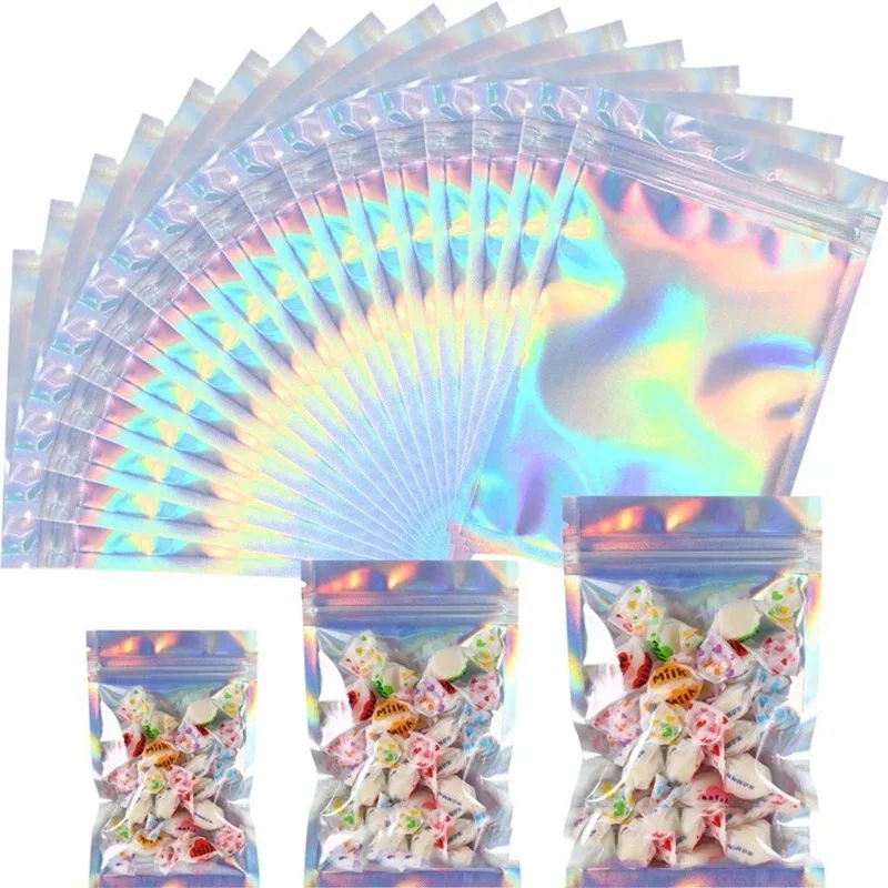 Thick Smell Proof Mylar Bags Holographic Laser Color Plastic Packaging Pouch Jewelry Retail Storage Pouch Gift Zip Lock Bag 50pcs mylar bags
