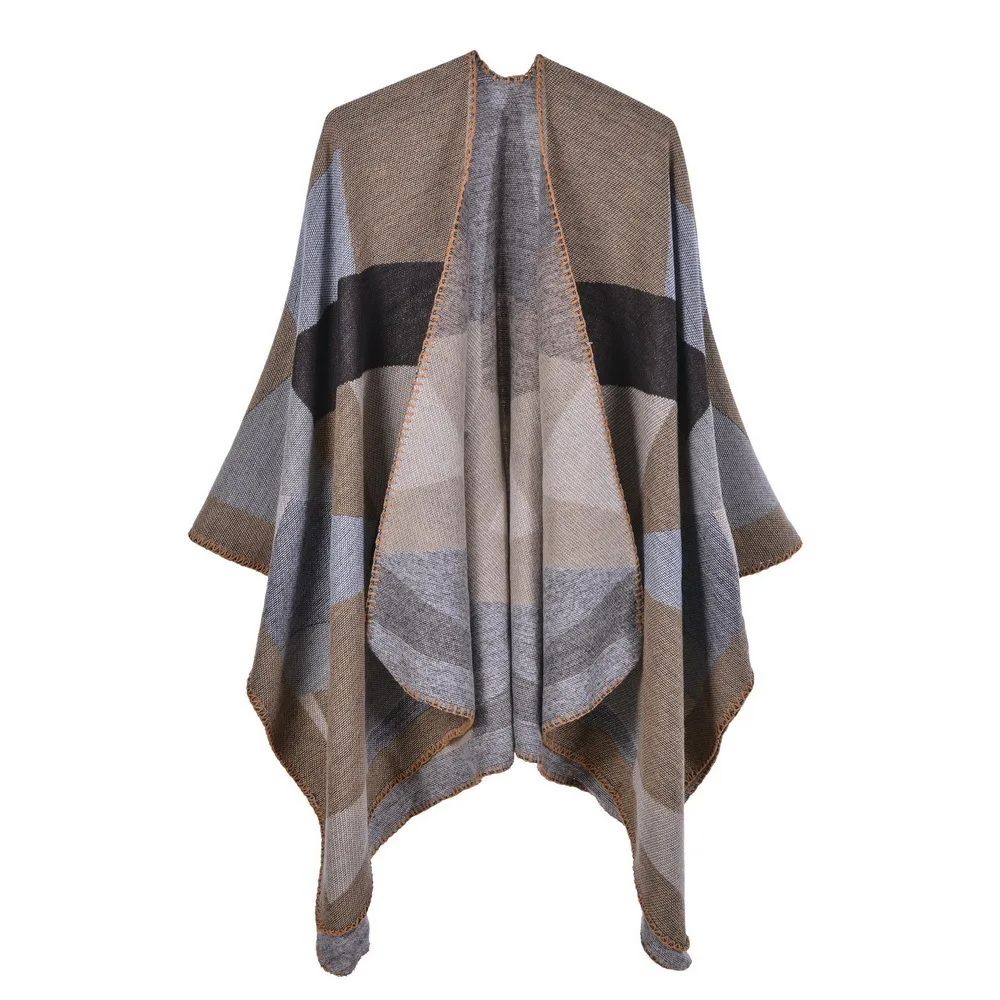 Checker Knitted Shawl Women Warm Autumn Winter Reversible Cloak Geometric Pattern Poncho Lady Capes  Khaki Cloaks autumn winter new alphabetic pattern imitation wool collar knitted shawl women tassels poncho lady capes khaki cloaks